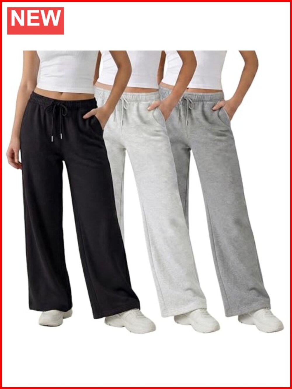 Wide Leg Fleece Sweatpants for Women 3 Pack Deep Pockets Relaxed Fit